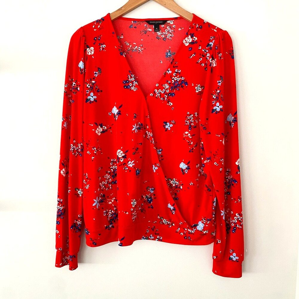 Banana Republic Red Sheer‎ Floral Wrap Blouse – Size M